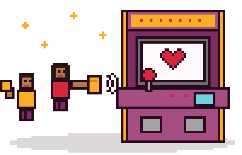 Illustration : une joueuse pose sa carte sur une borne d'arcade, son ami attend son tour