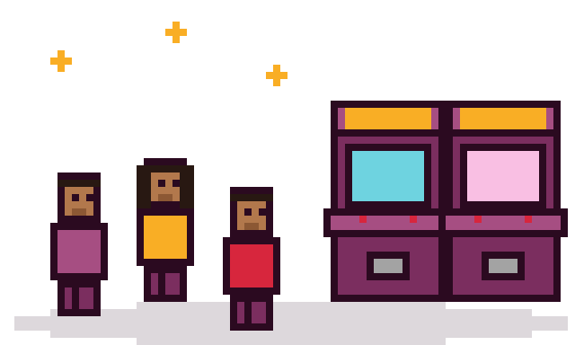 Illustration : un groupe d'amis devant deux bornes d'arcade